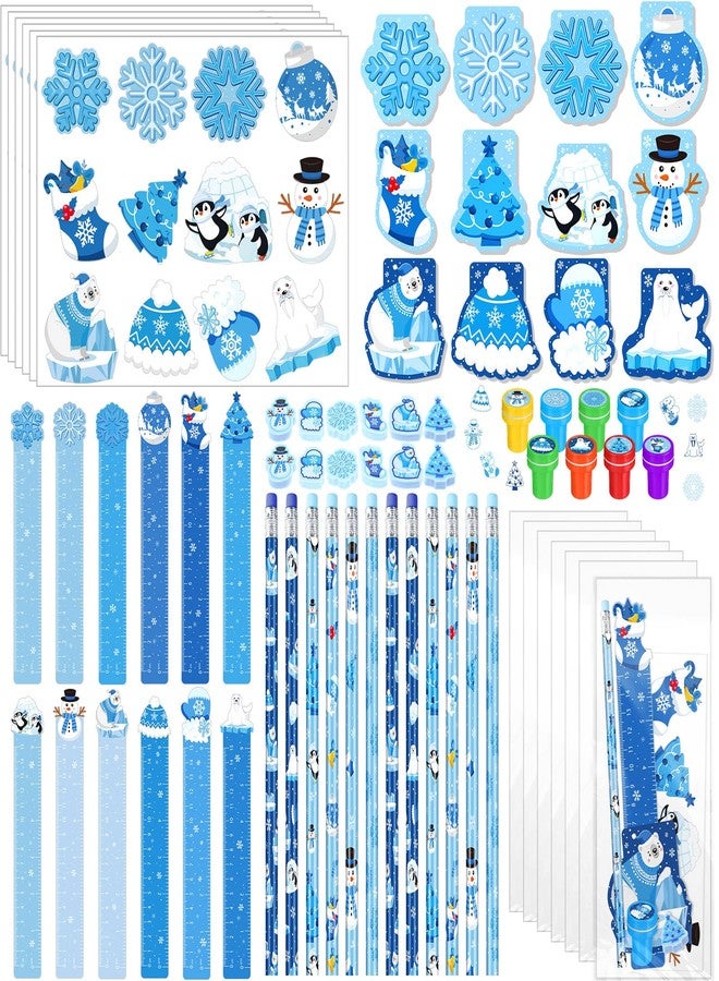 Faccito 84 Pcs Winter Party Favors Snowflake Party Supplies Winter Wonderland Stationery Set Notebook Sticker Stamper Eraser Ruler Pencil for Christmas Baby Shower Birthday Gift Prize - Image 1